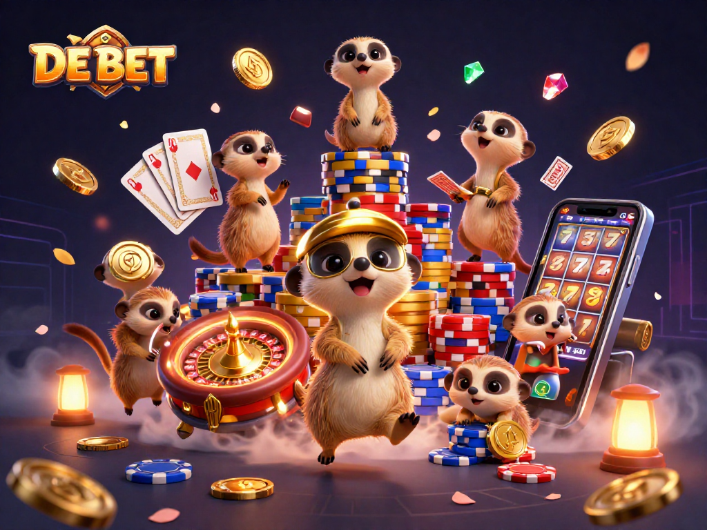 Join the lively DE BET meerkat casino with card games and vibrant chips!