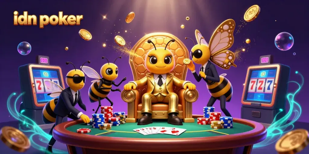 Experience thrilling idn poker action with a cartoon mob boss and vibrant gambling elements.
