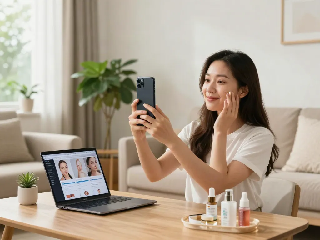 Alternatives to QOVES showcased with a woman reviewing her beauty analysis app in a modern living room.