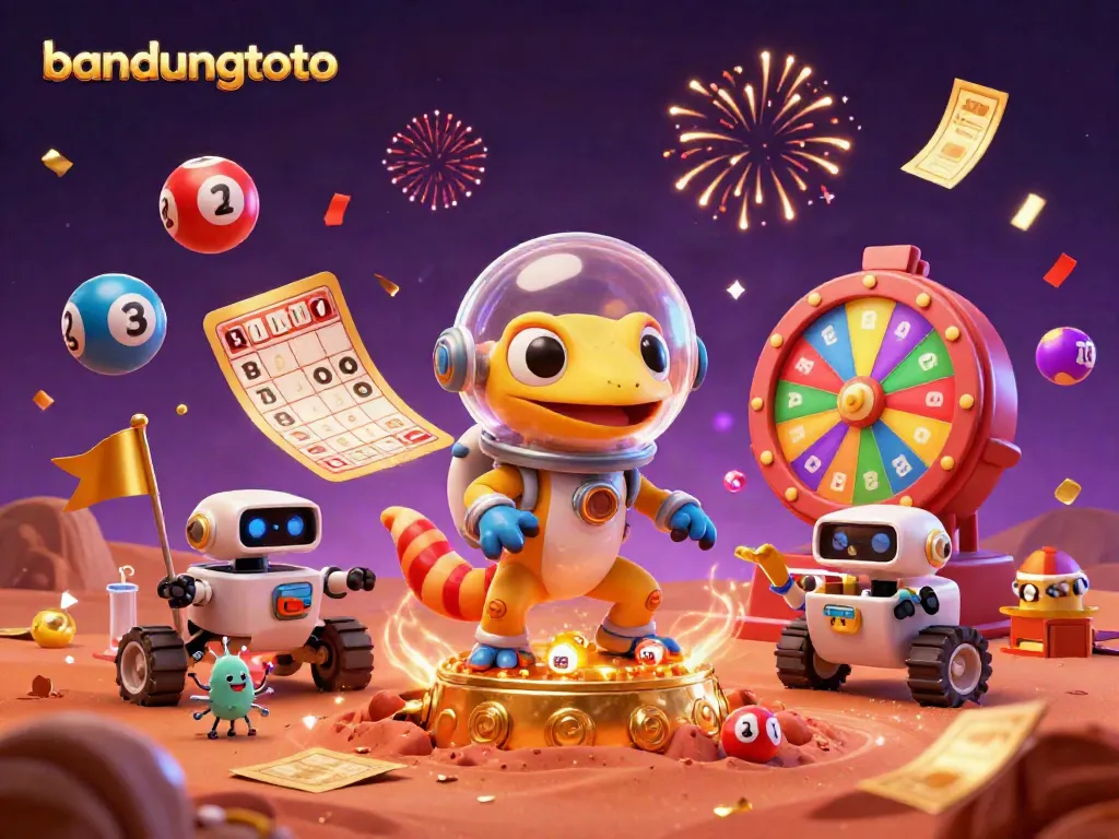 Engage with bandungtoto's Martian casino adventure with colorful lottery balls and festive confetti.