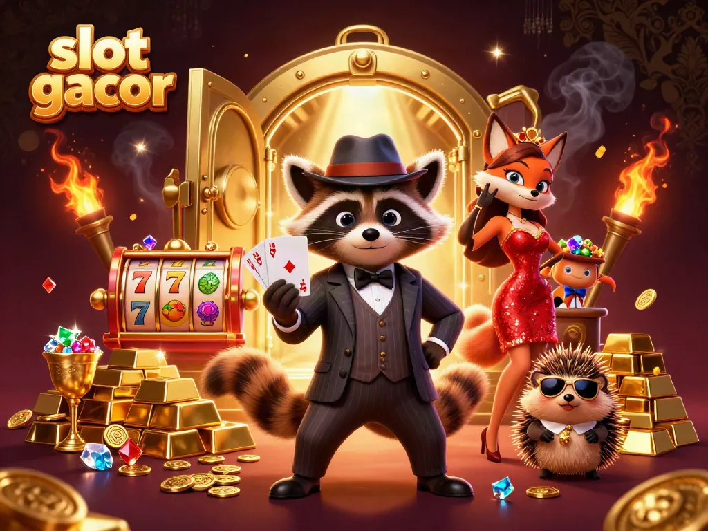 Experience thrilling wins with slot gacor as raccoon, fox, and hedgehog enjoy a vibrant casino scene.