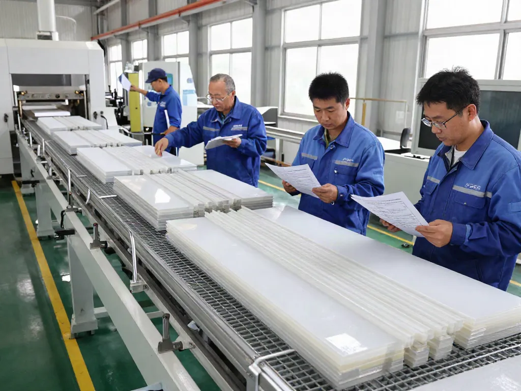 Engineered Composites GRP manufacturing facility showcasing technicians inspecting products with advanced machinery and natural light.