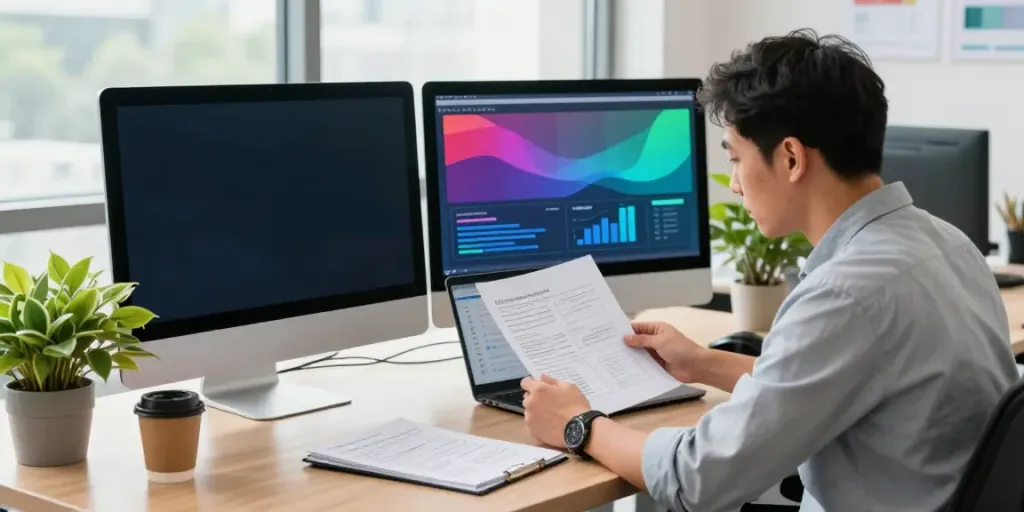 SEO expert analyzing digital reports, showcasing who offers high quality link building services in a modern office.