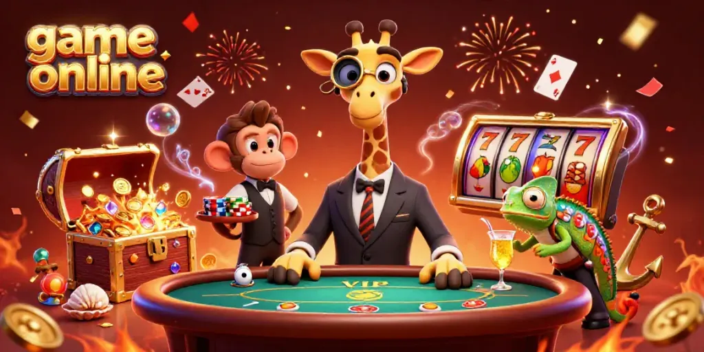 Experience thrilling game online action with high-roller giraffe, monkey valet, and chameleon bartender amid vibrant casino scenes.
