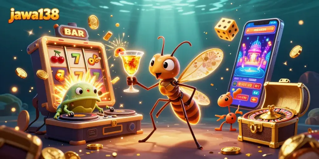 Join the fun at jawa138 with an exciting gaming scene featuring vibrant casino characters and elements.