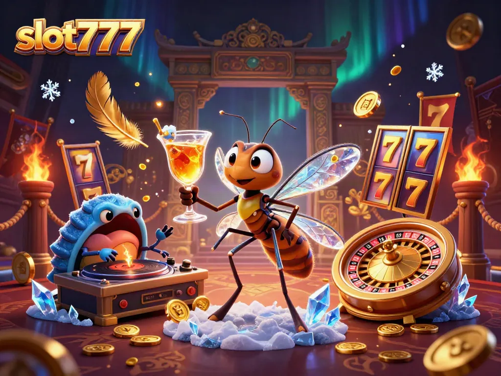 Play dynamic slot777 games with an exciting 3D casino illustration featuring lively characters.