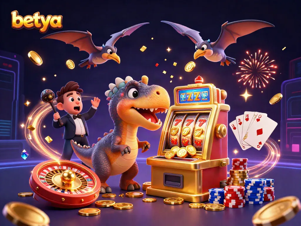 Betya showcases a pachycephalosaurus winning jackpots while casino elements rain down in a dynamic 3D scene.