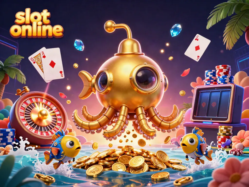 Experience thrilling action in slot online gaming with this vibrant 3D illustration featuring golden kraken and slot elements.