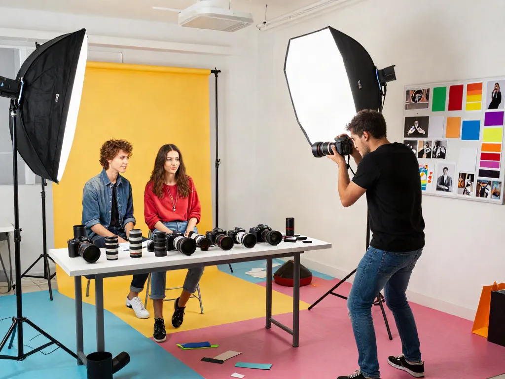 Pengalaman fotografi kreatif di RUSUNTOTO dengan peralatan modern dan model yang dinamis.