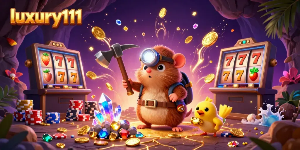 Experience the excitement of luxury111 with a treasure hunter mole in a vibrant casino cave, mining for gems and coins.