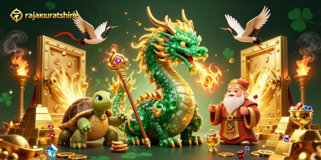 Experience rajaakuratshine with vibrant 3D casino elements surrounding a jade dragon and turtle sage.