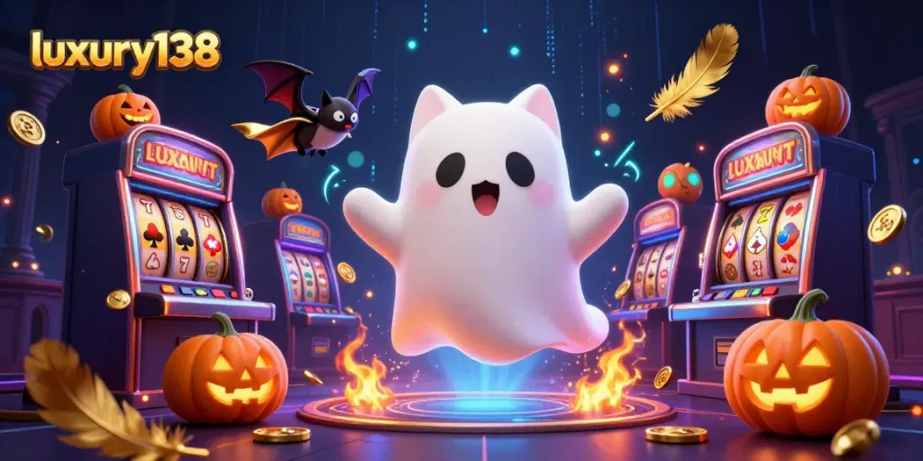 Experience thrilling gameplay with luxury138's ghost cat companion amid glowing poker-themed decorations.