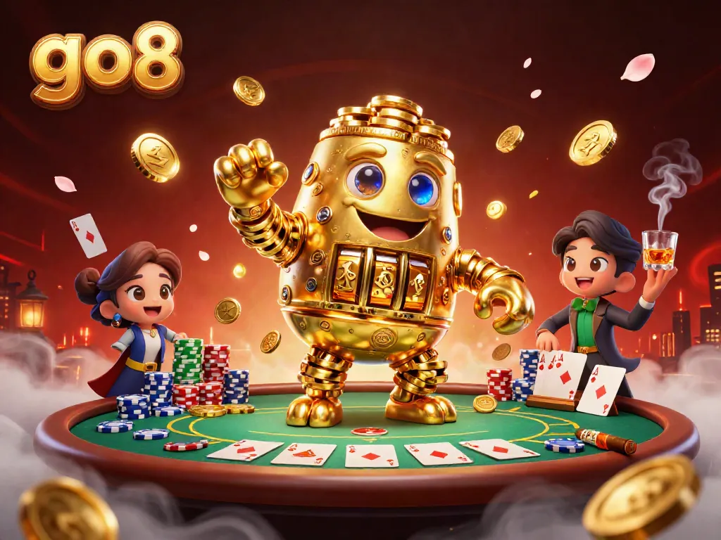 Experience go8's vibrant casino scene featuring a golden golem surrounded by poker elements.