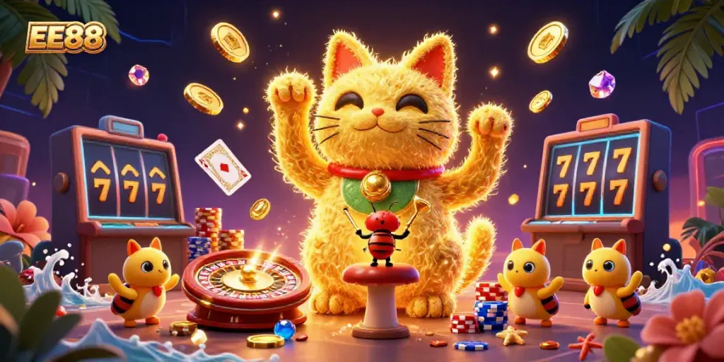 Experience the thrill of EE88 as golden fireflies form a lucky cat among casino symbols and prizes.