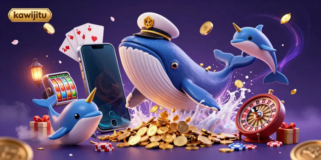 Engage with kawijitu in a vibrant 3D casino scene featuring a whale, narwhal, and dolphins celebrating with coins and slot games.