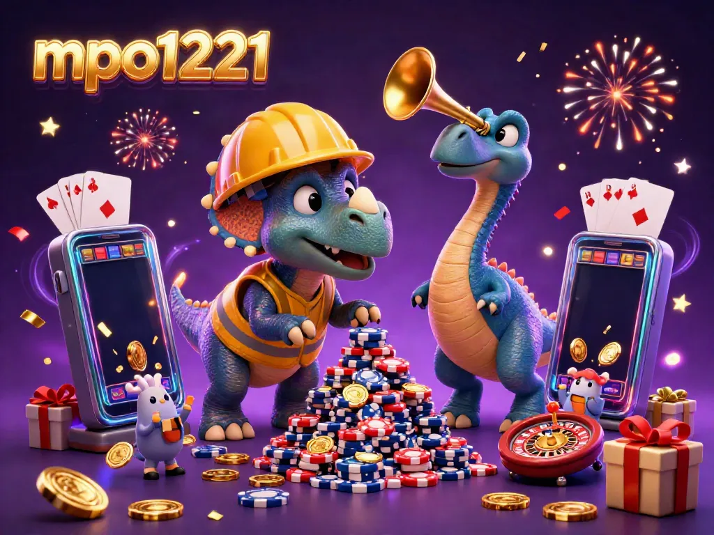 MPO1221 celebrates with a triceratops building poker chips amid confetti and gold coins.
