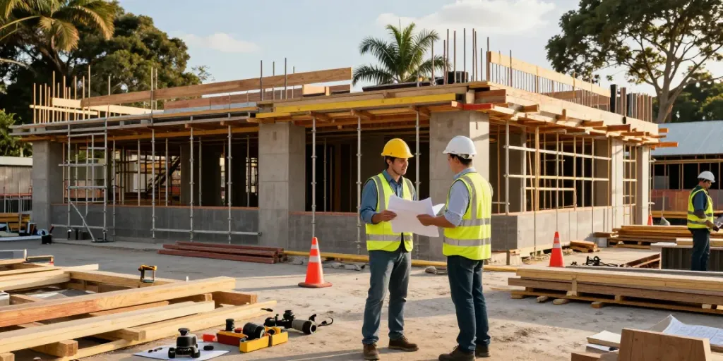 Expert discussing constructions loans Brisbane at Brisbane construction site.