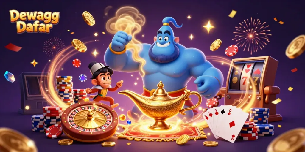 Dewagg Daftar gaming scene showcasing a magical genie, poker chips, and vibrant casino elements in a festive atmosphere.
