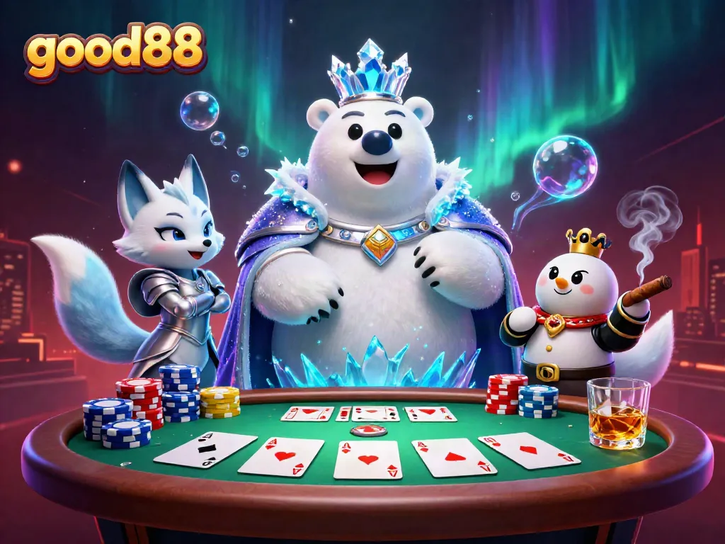 Experience the excitement of good88 with a thrilling poker scene and cartoon characters.