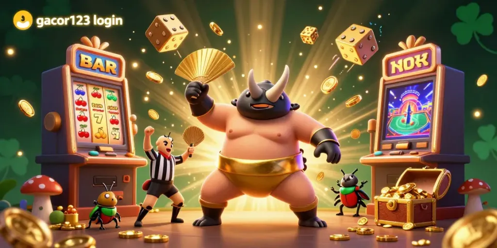 Win big with gacor123 login, as the playful cartoon beetle champions live the casino experience surrounded by slot machines and treasures!