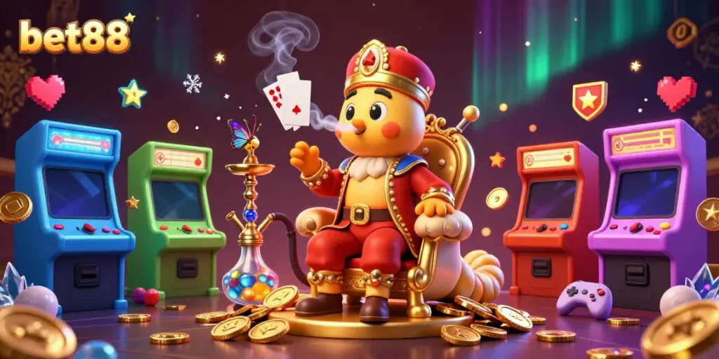 Experience unique gaming at bet88 with an enchanting 3D caterpillar sultan surrounded by vibrant casino elements.