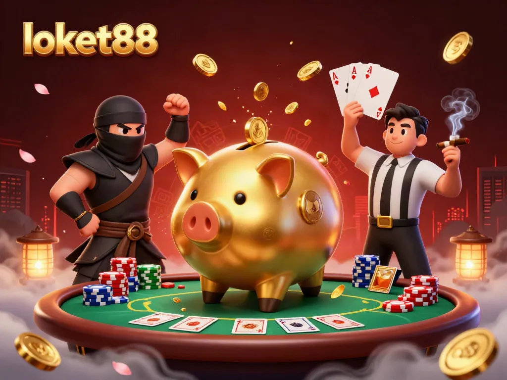 Experience excitement with loket88's thrilling scene of a sumo wrestler, ninja, and samurai at a poker table.