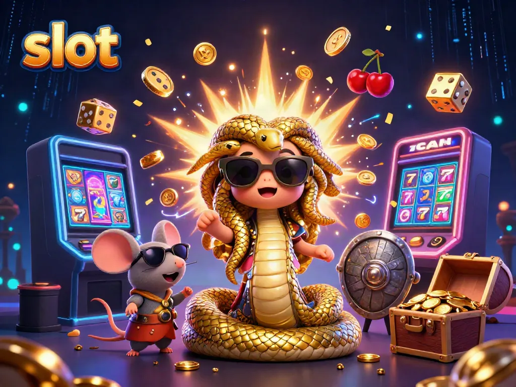 Engage with vibrant fun as the slot machine bursts with coins, Medusa and mouse enrich the casino scene.