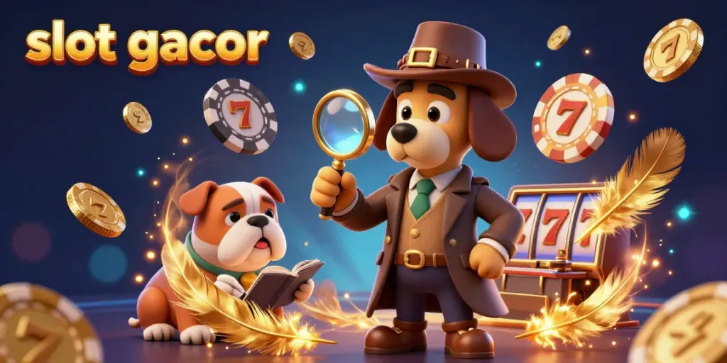 Engaging scene with a detective and companion exploring slot gacor clues in a vibrant casino setting.
