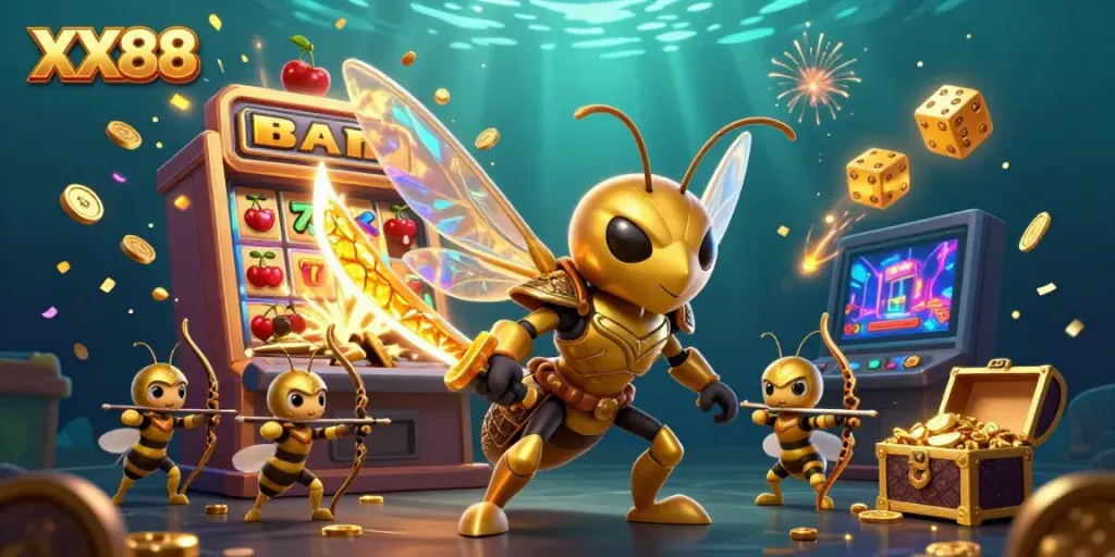 Experience thrilling gaming with XX88's vibrant 3D scene featuring colorful slots and dynamic characters.