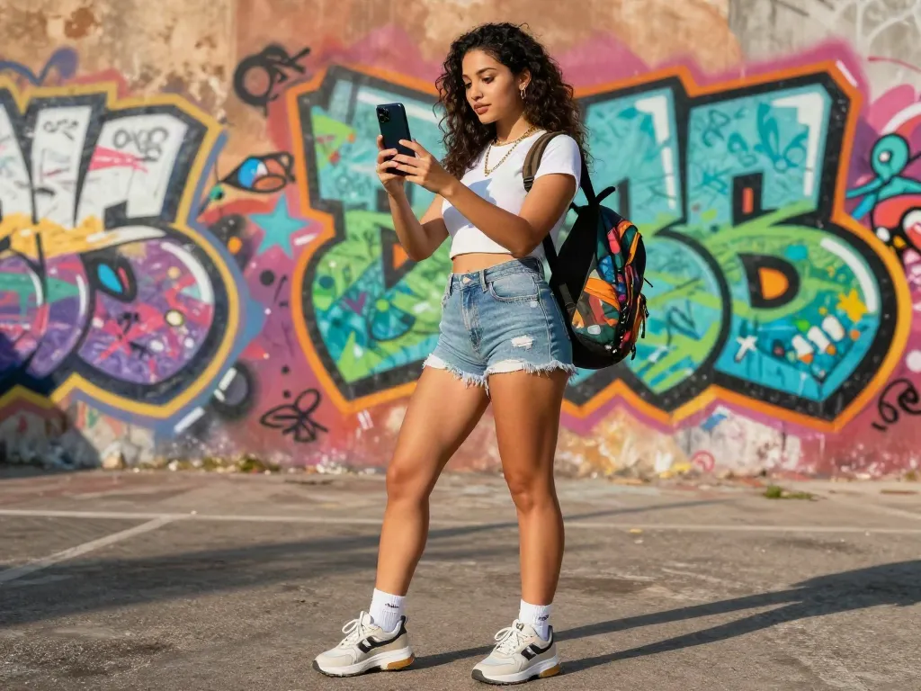 Energetic lifestyle shot of a woman reflecting Roma Army OnlyFans influence in urban fashion.