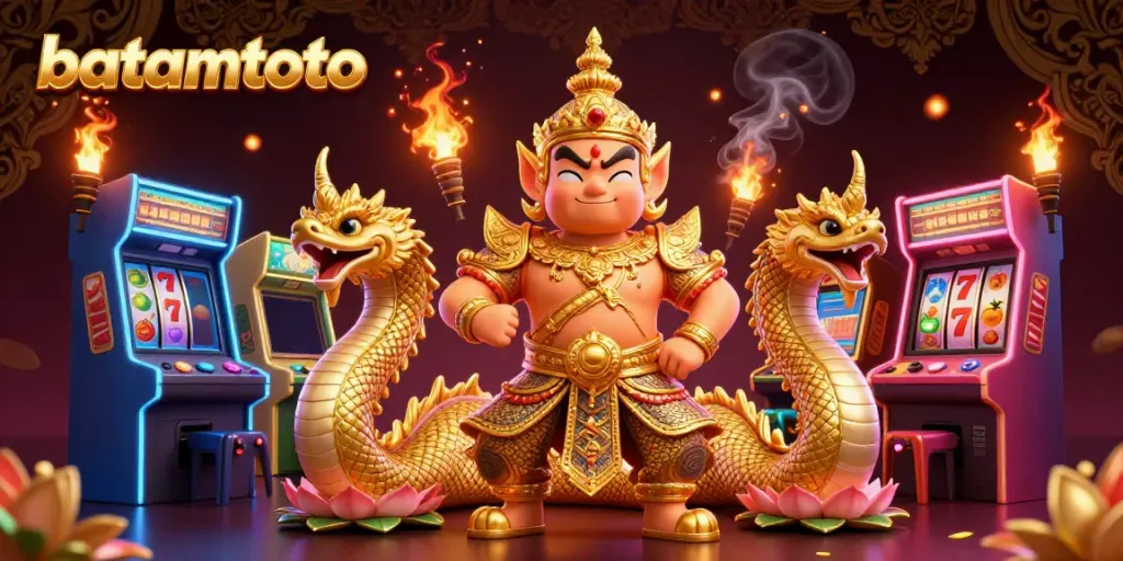 Experience excitement in batamtoto with a vibrant scene featuring a guardian and vibrant casino elements.