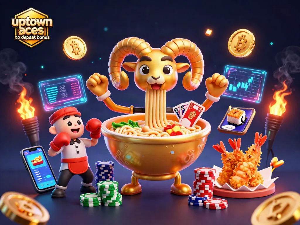 Engage with the uptown aces no deposit bonus, where a giant ramen bowl deals cards surrounded by crypto coins and animated cheerleaders.