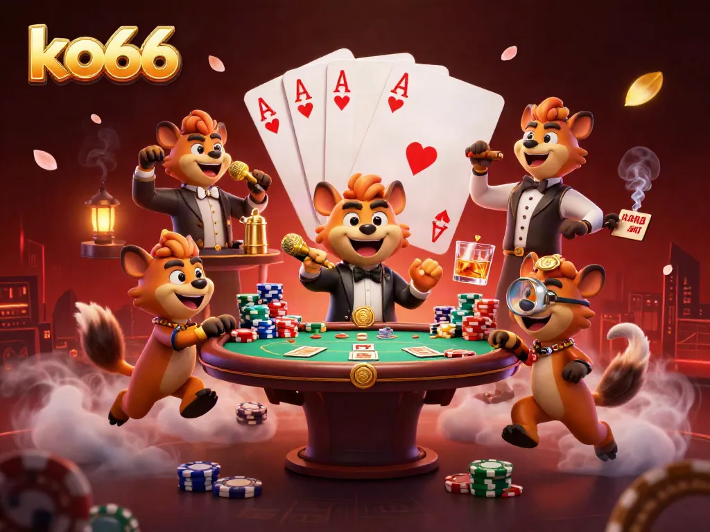 Experience thrilling fun at ko66 with a 3D cartoon casino scene featuring hyenas in lively roles.