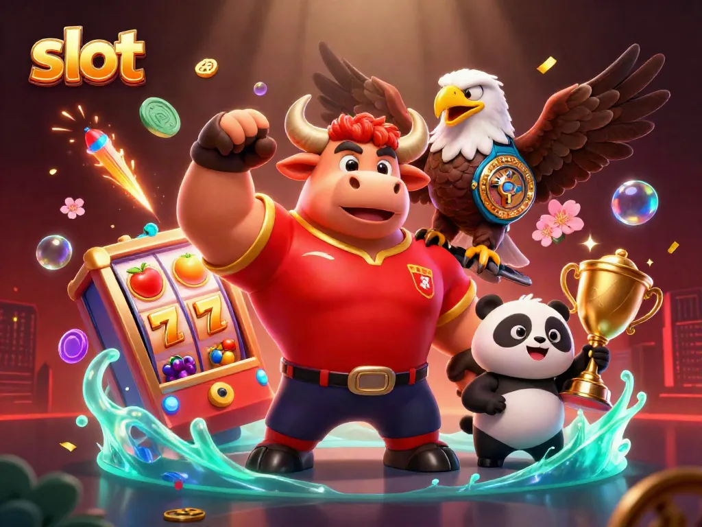 Slot yang menghibur dengan karakter 3D hewan berharta di dunia kasino, menunjukkan simbol keberuntungan dan kemenangan.