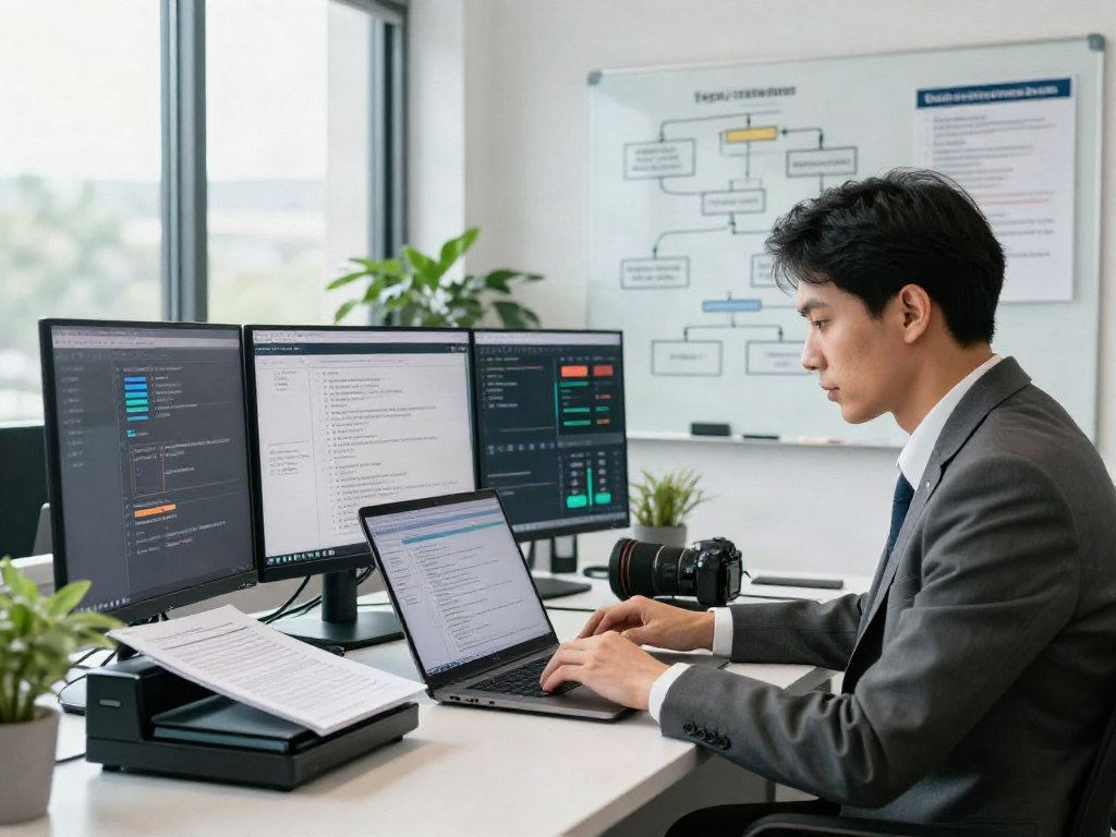 Analyst reviewing document fraud detection software alerts on multiple screens in a professional office setting.