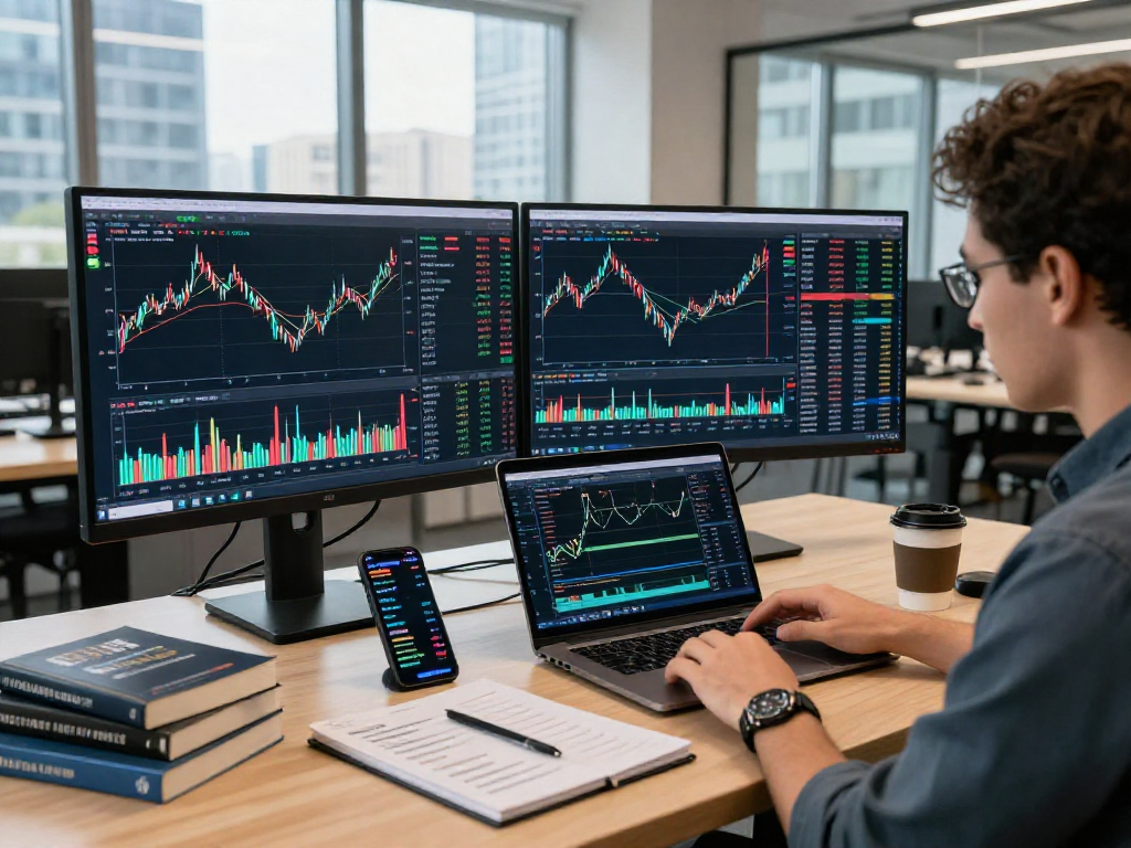 Trader using TradingView on dual monitors in a modern workspace, analyzing financial data and market trends.