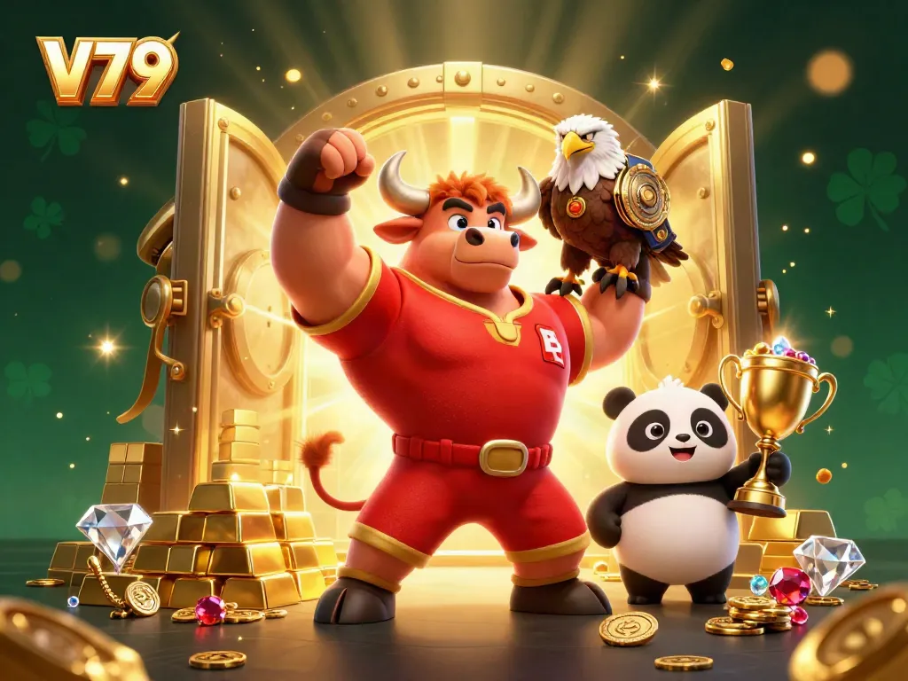 Celebrate big wins at V79 casino with a dynamic scene featuring a bull mascot, eagle, and panda amidst treasures!