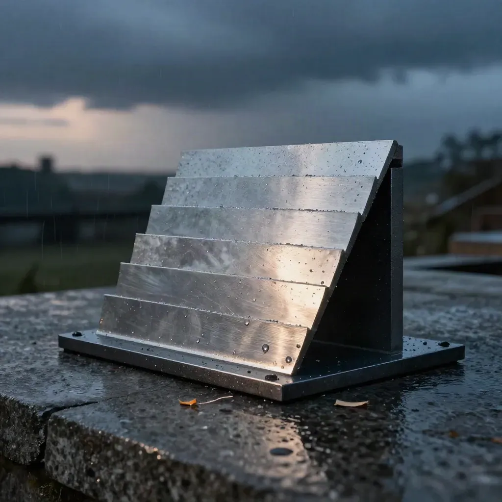 Brushed aluminum bevel blocks on a black plinth in rain mist at blue hour.