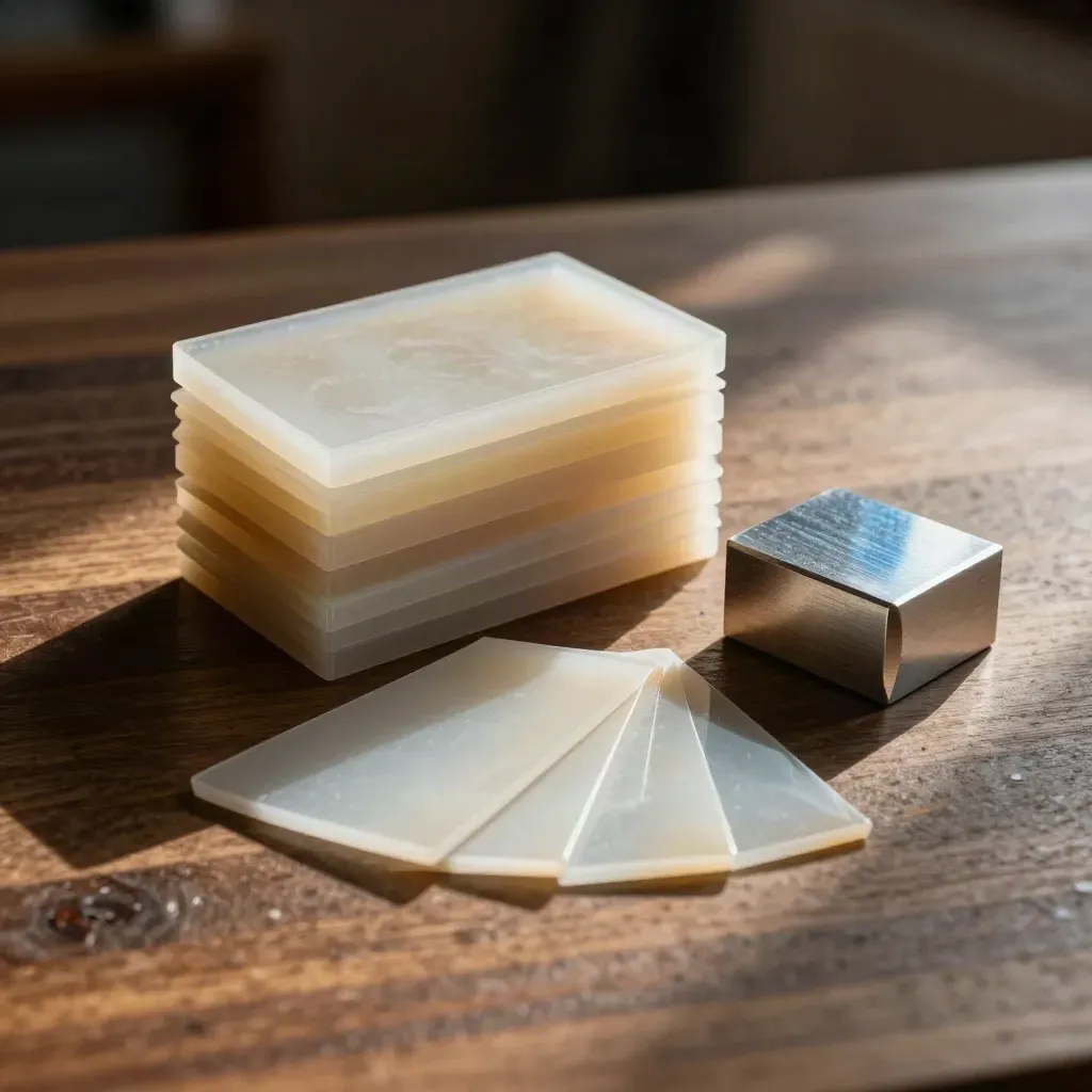 Resin proof shells, finish chips, and an aluminum corner block on a studio workbench.