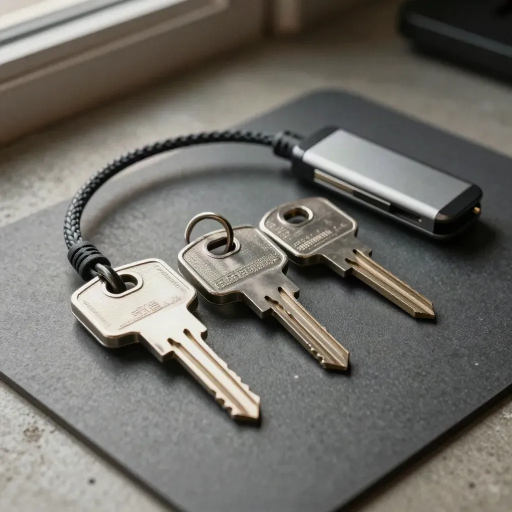 Top-down macro of hardware keys, braided cable, and thumb drive on a graphite mat.