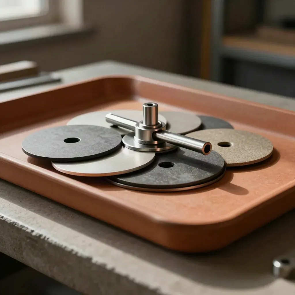 Metal calibration discs and a swivel hub on terracotta in dark studio light.