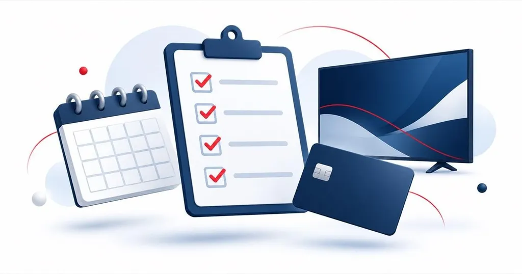 Checklist, payment card and TV, showing what to check before paying for an IPTV subscription in the USA