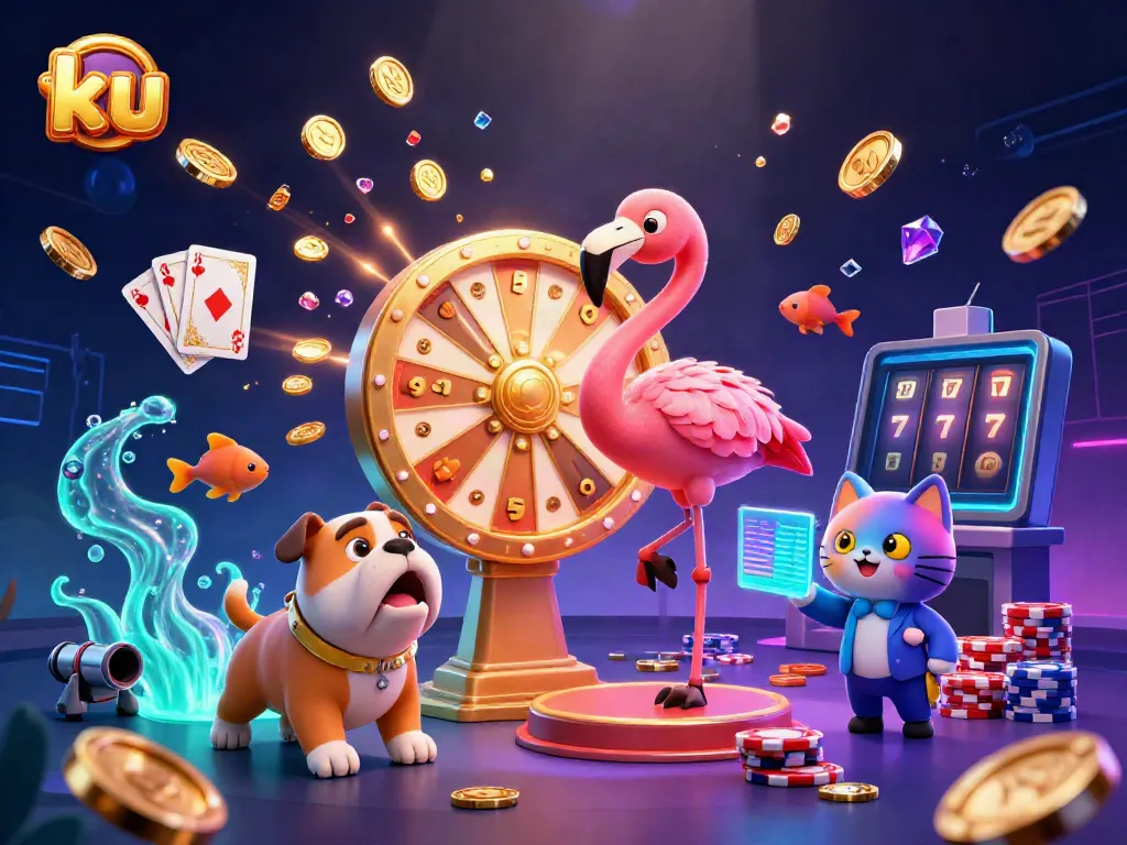 Engage with ku's winning strategies through an exciting 3D game show scene featuring vibrant casino elements.