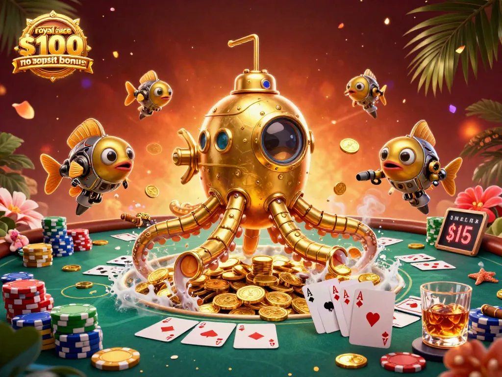 Play at Royal Ace Casino with a $100 no deposit bonus, featuring vibrant poker elements and golden coins.