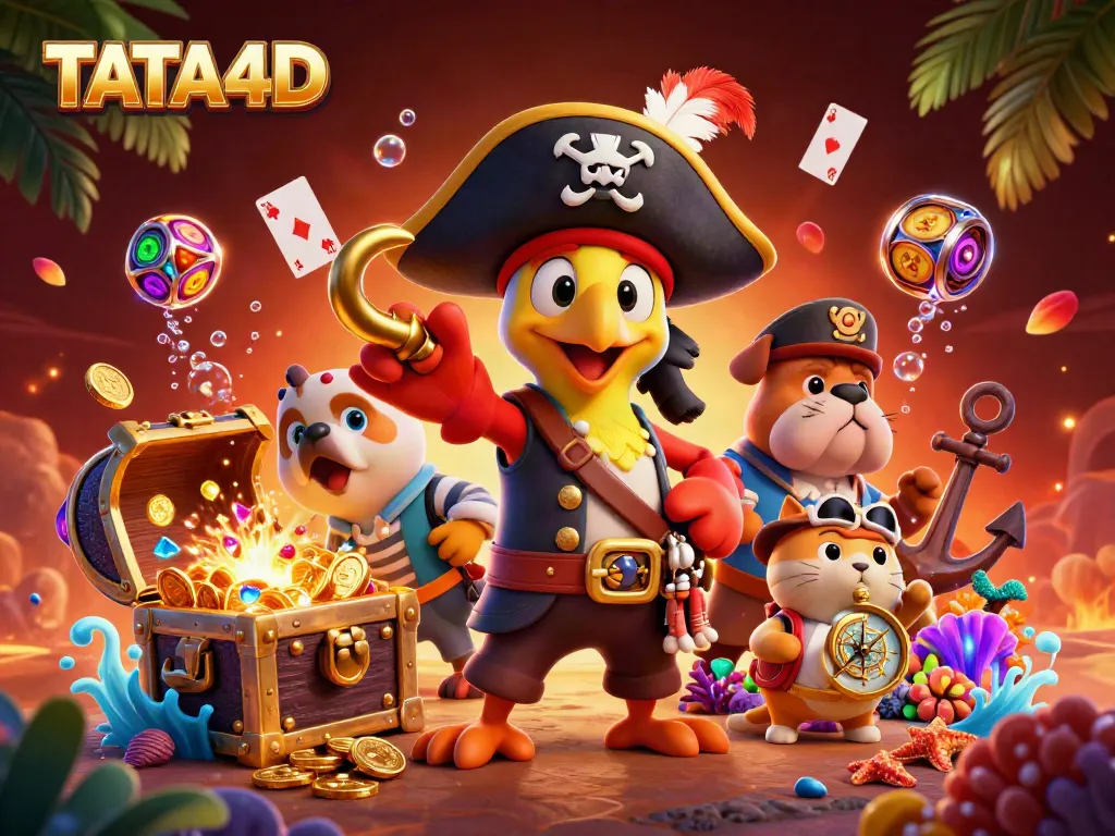 Engage in exciting gaming at TATA4D, with thrilling slot reels and a pirate-themed illustration.