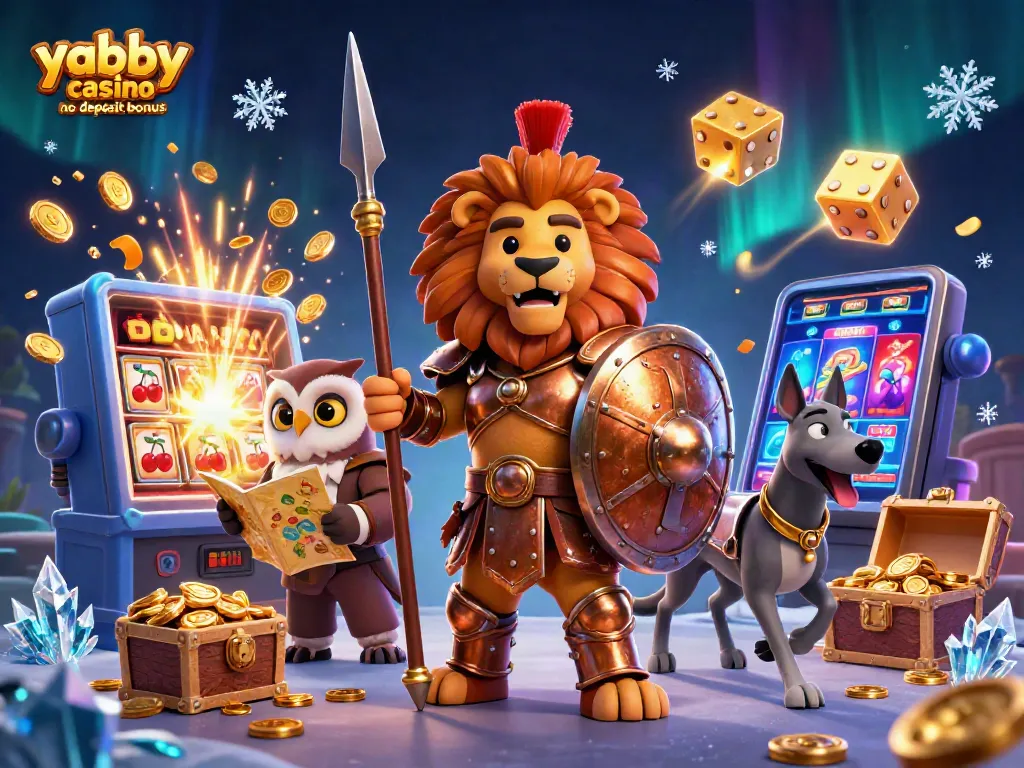 Experience the excitement of yabby casino no deposit bonus with a dynamic casino scene full of slots and characters.