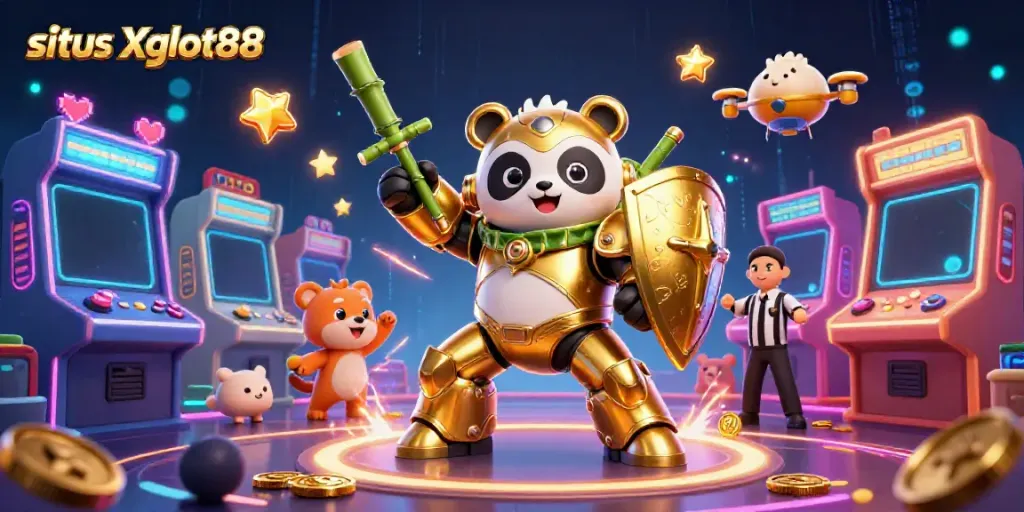 Visualisasi slot online yang menarik di situs Xgslot88 dengan karakter panda emas dalam robot tempur.