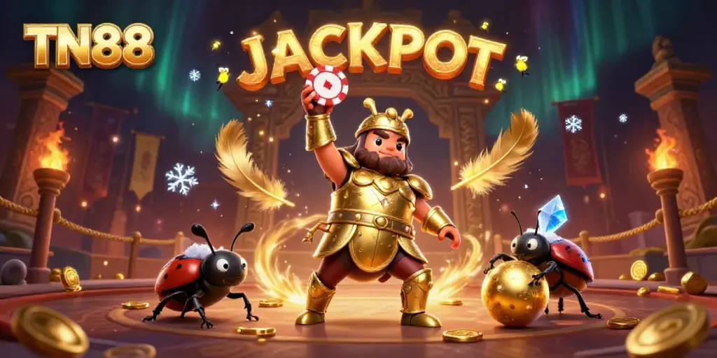 Experience the thrilling world of TN88, showcasing a victorious hercules beetle in poker action amidst a dynamic casino scene.