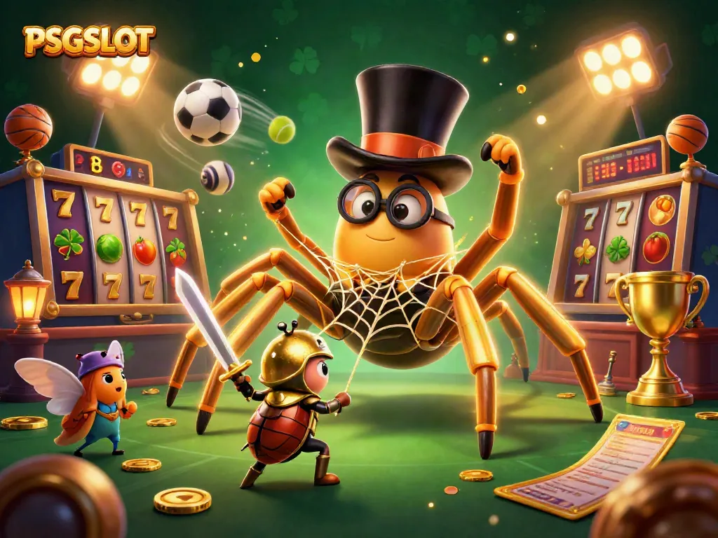 Play PSGSLOT with exciting golden tarantula and beetle knight in a vibrant casino scene.