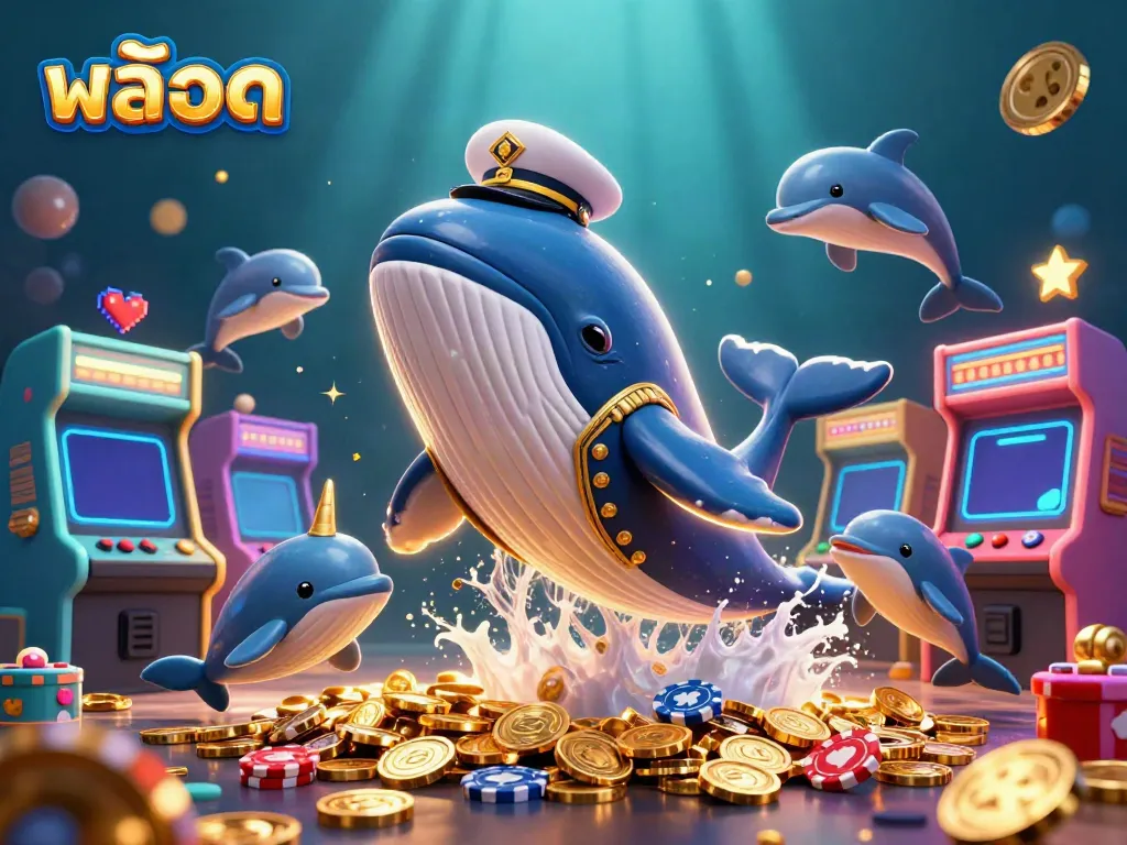 Experience excitement with สล็อต-themed whales breaching through coins in this vibrant casino scene.